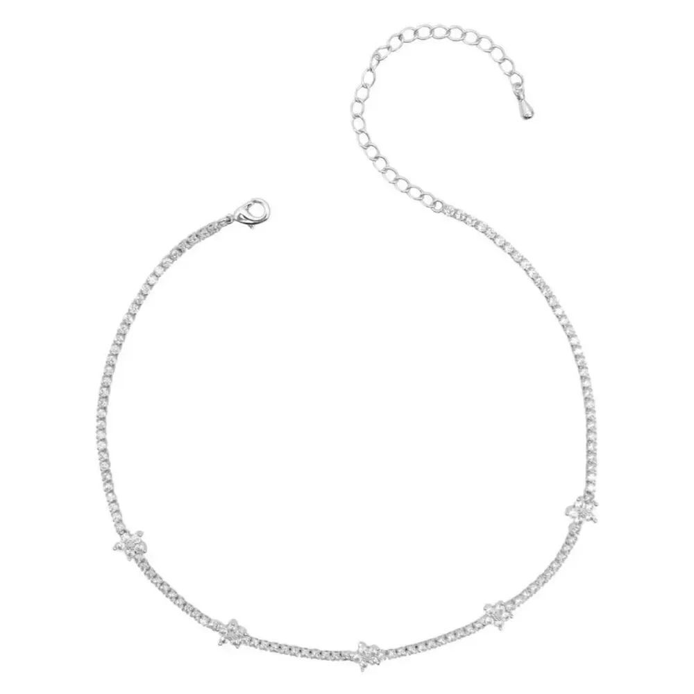 Silver flower sparkly cubic zirconia tennis necklace